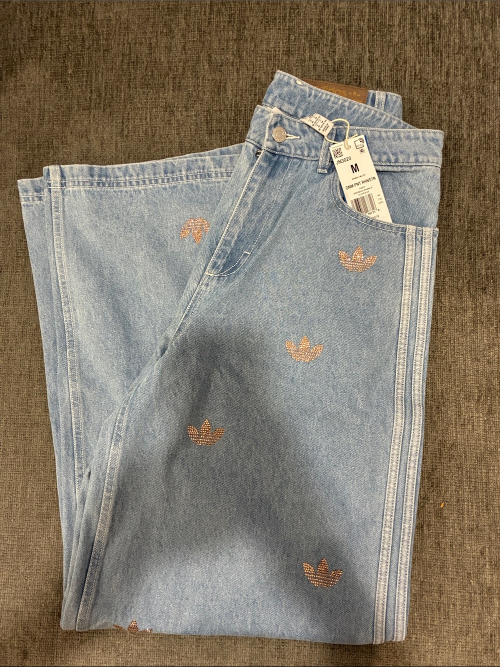 adidas Light Blue Wide Leg Jeans with Rose Gold Trefoil Embroidery